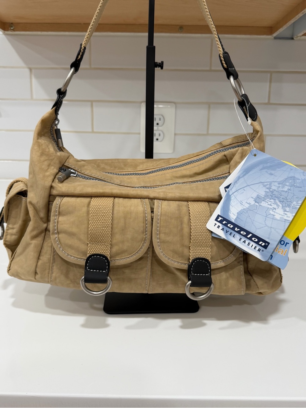 Travelon The Dolphin Collection Crinkle Nylon Hobo Shoulder Bag-Tan-Style 19727